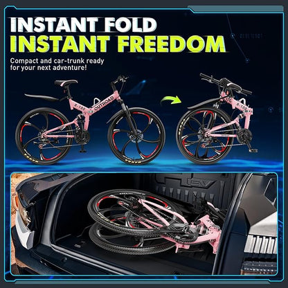 26 Inch Folding Mountain Bike, 21 Speed Full Suspension Bicycle with High-Carbon Steel, Dual Disc Brake Non-Slip Quick Release tire Folding Bicycle for Adults/Men/Women