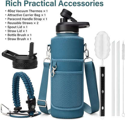 Insulated Water Bottle | Thickened Stainless Steel Vacuum Metal | Portable Sports Water Jug for Gym and Hiking with Straw, Carrier Bag, Handle Strap | BPA-Free 40 oz