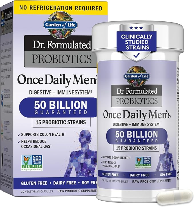 Garden of Life Probiotics for Men, Dr Formulated 50 Billion CFU 15 Probiotics for Digestive Health + Organic Prebiotic Fiber, Colon & Immune Support, Daily Gas Relief, Shelf Stable, 30 Capsules