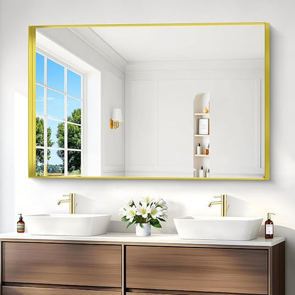 Gold Bathroom Mirror, 36x55 Inch Rectangular Deep Frame Mirror, Large Wall Mounted Bathroom Vanity Mirror Over Sink for Bedroom,Restroom, Living Room, Hangs Vertically or Horizontally