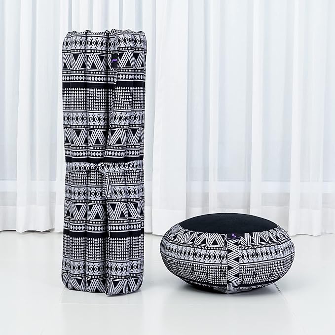 Leewadee Meditation Cushion Set – 1 Round Zafu Meditation Pillow and 1 Square Roll-Up Zabuton Meditation Mat, Pillows Bundle Filled with Kapok