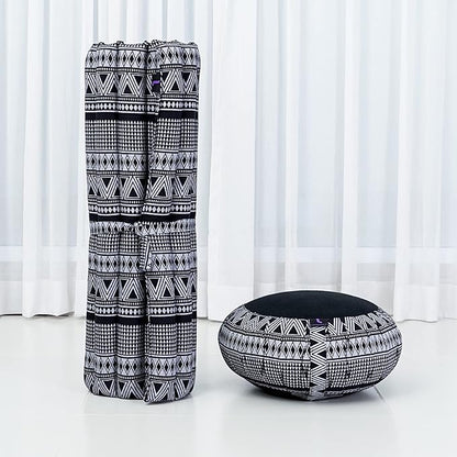 Leewadee Meditation Cushion Set – 1 Round Zafu Meditation Pillow and 1 Square Roll-Up Zabuton Meditation Mat, Pillows Bundle Filled with Kapok