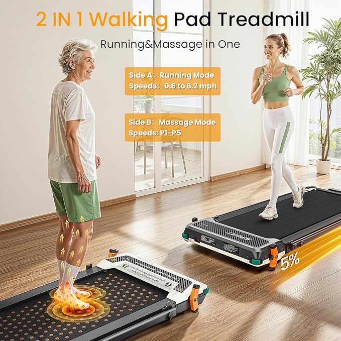 Walking Pad with Incline - Dual-Sided 2 in 1 Under Desk Treadmill with Shiatsu Foot Massager, 330LBs Walking Pad Treadmills for Home and Office, LED Display and Remote Control