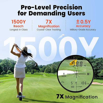 Golf Laser Rangefinder with Slope, 1500Y Range Finder, 0.3s Flagpole Locking Vibration, 7X Magnification, Magnet Stripe, 85% Transmission Lens for Golfing/Hunting, Golf Accessories for Men
