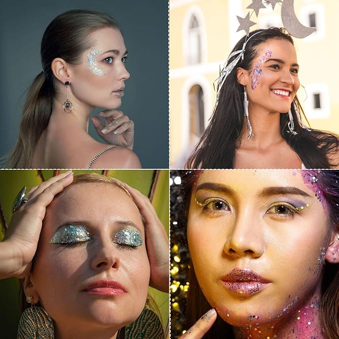 Body Glitter Gel - 4th of July Accessories, Sparkly Chunky Glitter Hair for Kids Women, Iridescent Glitter Freckles, Singer Concert Festival Rave Accessories (Green Body Glitter)