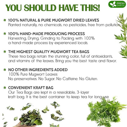 FreshDrinkUS, Premium 90 Mugwort Leaf Tea Bags, 100% Natural and Pure Mugwort Leaves. Loose Leaf Mugwort Herbal Tea. Mugwort Leaf Tea. No Sugar, No Caffeine, No Gluten, Vegan. (90 Tea Bags)