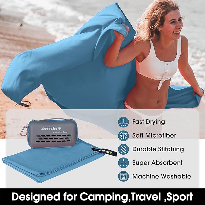 4Monster Camping Towel Super Absorbent, Quick Dry Microfiber Travel Towel, Fast Drying Ultra Soft Compact Gym Towel for Hiking Swimming Beach Yoga Travel Sports Backpack (Marine Blue, 40.00" x 20.00")