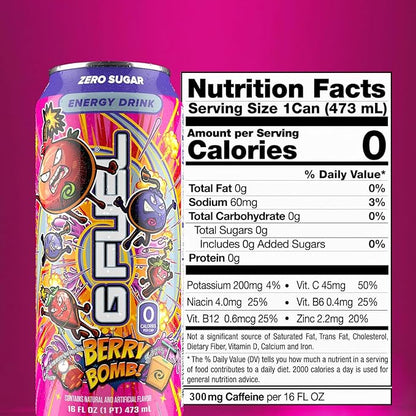 G Fuel Energy Drink, Berry Bomb, Sugar Free Carbonated Beverage with 300mg Caffeine, Daily Energy Boost with Focus Amino, Vitamin + Antioxidants, 16 oz Cans (Berry Bomb, 12-Pack)