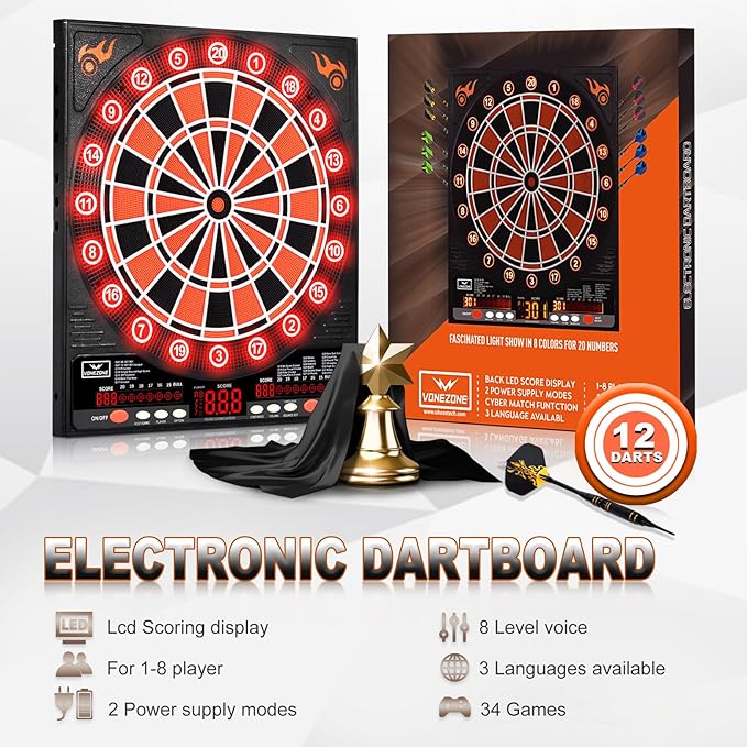 Electronic Dartboard, Electric Dart Boards for Adults,Electronic Scoreboard, Light-Up Led Display, 12 Darts Soft Tip Professional Dart Board and Extra Tips, Up to 8 Players