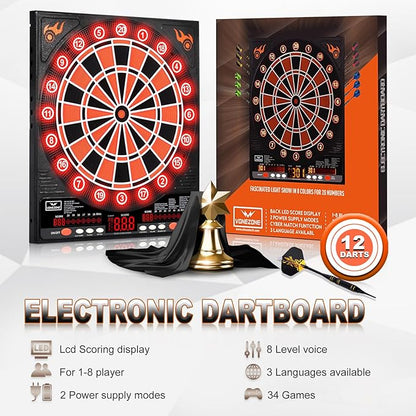 Electronic Dartboard, Electric Dart Boards for Adults,Electronic Scoreboard, Light-Up Led Display, 12 Darts Soft Tip Professional Dart Board and Extra Tips, Up to 8 Players