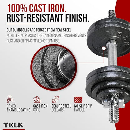 TELK – Adjustable Dumbbell Set – Home Gym Weight Set with Baked Enamel Cast Iron Plates – Space-Saving Free Weights for Strength Training