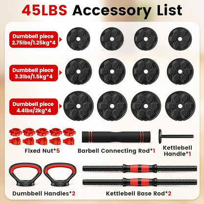 Adjustable Dumbbell Set, 20/33/45/70/90lbs Free Weight Set with Connector, 4 in1 Dumbbells Set Used as Barbell, Kettlebells, Push up Stand, Weight Set for Home Gym Suitable Men/Women