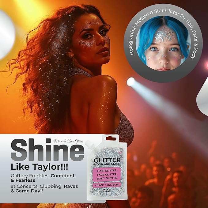 Hair Glitter Gel – Body Glitter for Kids and Women – Iridescent Holograph Cosmetic-Grade Gel w/Moon & Stars for Hair, Body & Face, Applies Smoothly w/o Glue & Washes Off Easily, 3 Oz - Rose 2Pack