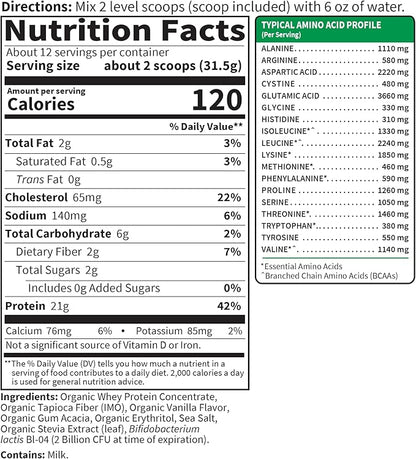 Garden of Life SPORT Whey Protein Powder Vanilla, Premium Grass Fed Whey Protein Isolate plus Probiotics for Immune System Health, 24g Protein, Non GMO, Gluten Free, Cold Processed - 20 Servings