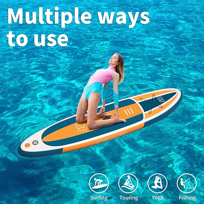 Inflatable Stand Up Paddle Board with SUP Accessories & Backpack. Paddle Boards for Adults. Non-Slip Deck, Wide Stance, Bottom Fin, Double Action Pump.