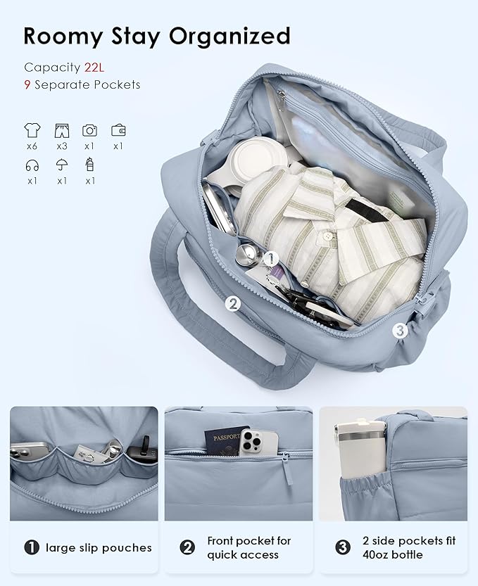 Gym Bag for Women, Travel Duffle Bags with Wet Pocket, Lightweight Carry on Bag Overnight Weekender Duffel Bag, Water Resistant (Haze Blue)