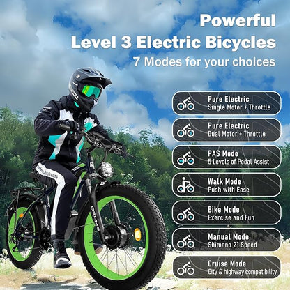 Electric Dirt Bike, 5000W Peak Dual Motor EBike for Adults, 60V 25AH Battery Electric Bike with 40-50MPH Mountain AWD 21-Speed Snow, 26" x 4.0 Fat Tire, Long Range Off-Road