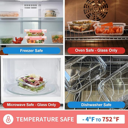 Glass Meal Prep Containers 12-Pack, 22oz Glass Food Storage Containers with Lids, Air-Tight, Leak-Resistant, Freezer to Microwave Safe-Pink Set