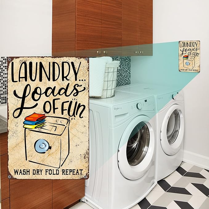 Gocolt Fun Laundry Sign - Vintage Home Decor Unique Accessory Tin Painting Signs - Fits Wall Mounts - Wash-Dry-Fold-Repeat 12x8 Inch