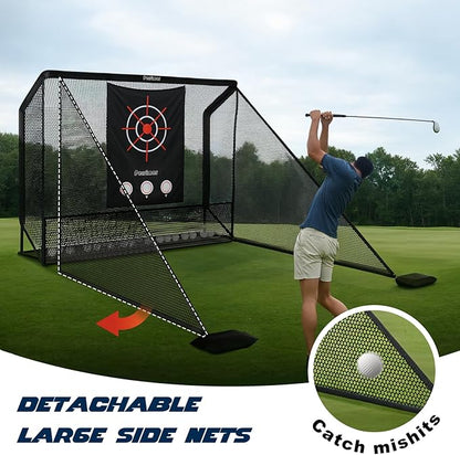 Golf Cage Practice Hitting Net,10x7ft Heavy Steel Frame with 2 Net Side Barriers,for Backyard Driving Chipping Swing Training, Home Range for Indoor& Outdoor.