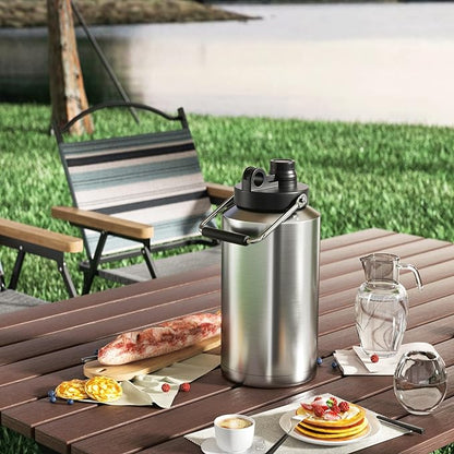 Kerilyn Insulated Gallon Jug with Handle, One Gallon, 128oz Stainless Steel, Large Double Vacuum Water Bottle for Hot & Cold Drinks, Wide Mouth, Sweat Proof, Great for Travel, Camping, Stainless