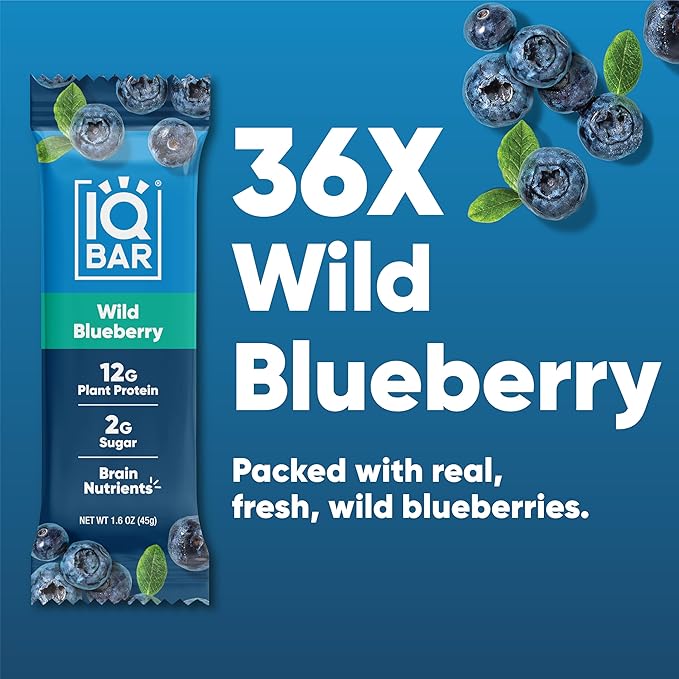 IQBAR Brain and Body Plant Protein Bars - Wild Blueberry - 36-Count Low Carb - Gluten Free, High Fiber, Vegan Snacks - Low Sugar Meal Replacement