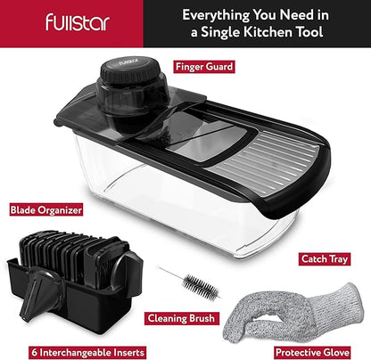 Fullstar Mandoline Slicer for Kitchen, Fruit Cutter, Cheese Grater, Cucumber Slicer, Veggie Spiralizer, Food Cutter & Kitchen Gadgets with Safety Glove (11 in 1, Stainless Steel)