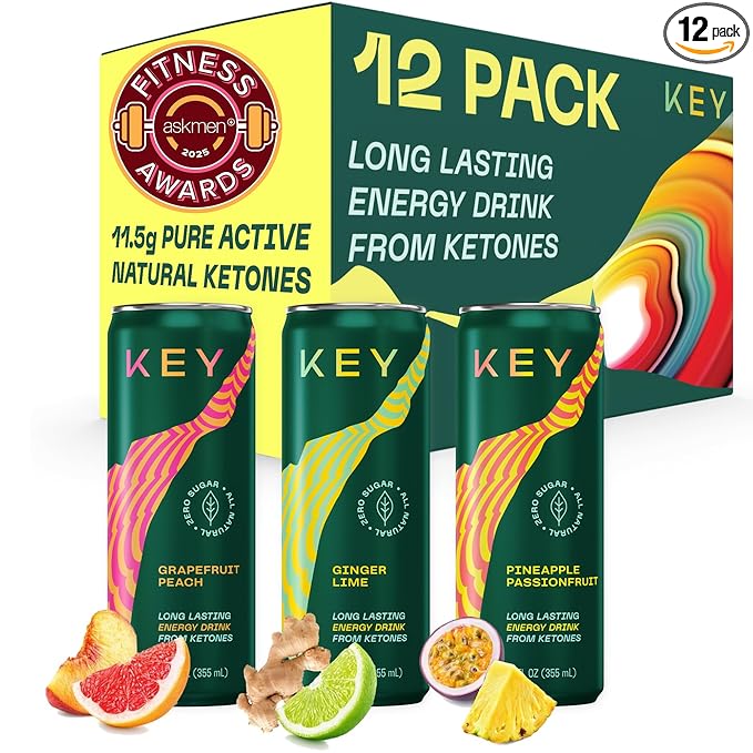 KEY Ketone Energy Drink - Sugar Free and All Natural from Ketones for Long Lasting Energy and optimal Green Tea Caffeine and L-Theanine for Mental Focus to Perform, Variety Pack (Pack of 12)