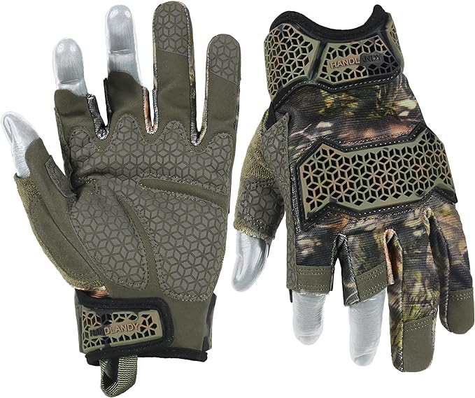 HANDLANDY Fingerless Framer Work Gloves for Men, Utility Grip Paded Gloves for Tactical Shooting Airsoft Hunting Driving (Camo- 3 Fingerless, Medium (Pack of 1))