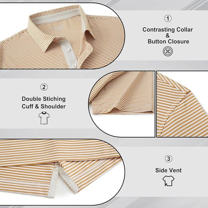 Golf Shirts for Men - Moisture Wicking Short Sleeve Performance Sport Casual Striped Collared Mens Polo Shirt