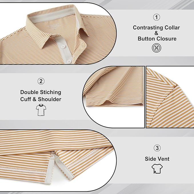 Golf Shirts for Men - Moisture Wicking Short Sleeve Performance Sport Casual Striped Collared Mens Polo Shirt