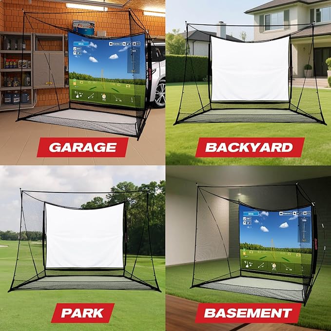 Golf Simulator Cage with Side Barriers&Impact Screen – 10x8 FT Golf Net with Dual-Layer HD Simulator Screen for High-Speed Shots, Practice Net with Ball Return for Indoor Outdoor Backyard