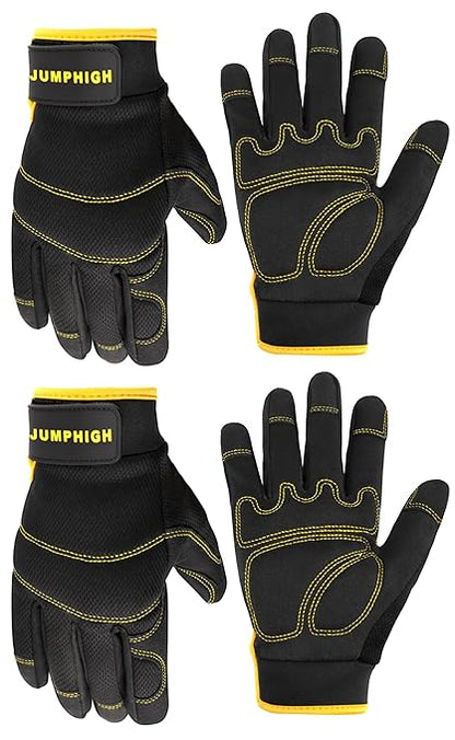 JUMPHIGH Safety Work Gloves 2 Pairs, Men's Utility Mechanic Working Gloves for Gardening Construction, Touchscreen Compatible, Flexible Breathable Fit, Knuckles & Palm (M)