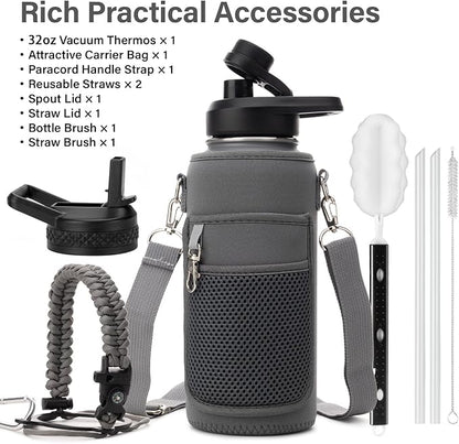 Insulated Water Bottle | Thickened Stainless Steel Vacuum Metal | Portable Sports Water Jug for Gym and Hiking with Straw, Carrier Bag, Handle Strap | BPA-Free 32 oz