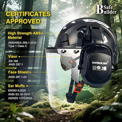 Forestry Safety Helmet with Build-in Visor Mesh Face Shield Ear Muffs 4 in 1 Chainsaw Safety Hard Hats