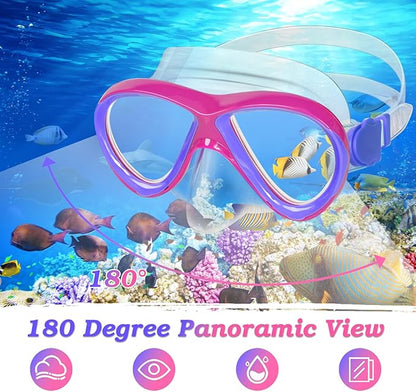Kids Mask Fins Snorkel Set, Dry Top Snorkeling Gear for Kids Youth Boys Girls Junior Age 5-15 Tempered Glass Snorkel Mask Set Panoramic View Snorkeling Packages