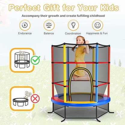 GYMAX Toddler Trampoline, 55” Trampoline for Kids with Bottom-to-Top All-Round Enclosure Net & Seamless Jumping Mat, ASTM Approved Easy Assembly Kids Mini Trampolines Indoor/Outdoor