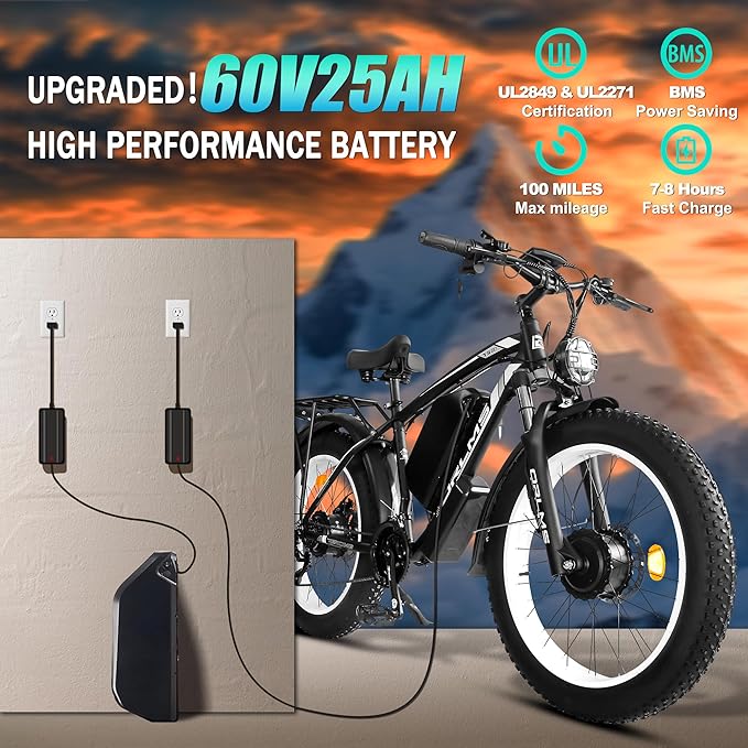 Electric Dirt Bike, 5000W Peak Dual Motor EBike for Adults, 60V 25AH Battery Electric Bike with 40-50MPH Mountain AWD 21-Speed Snow, 26" x 4.0 Fat Tire, Long Range Off-Road