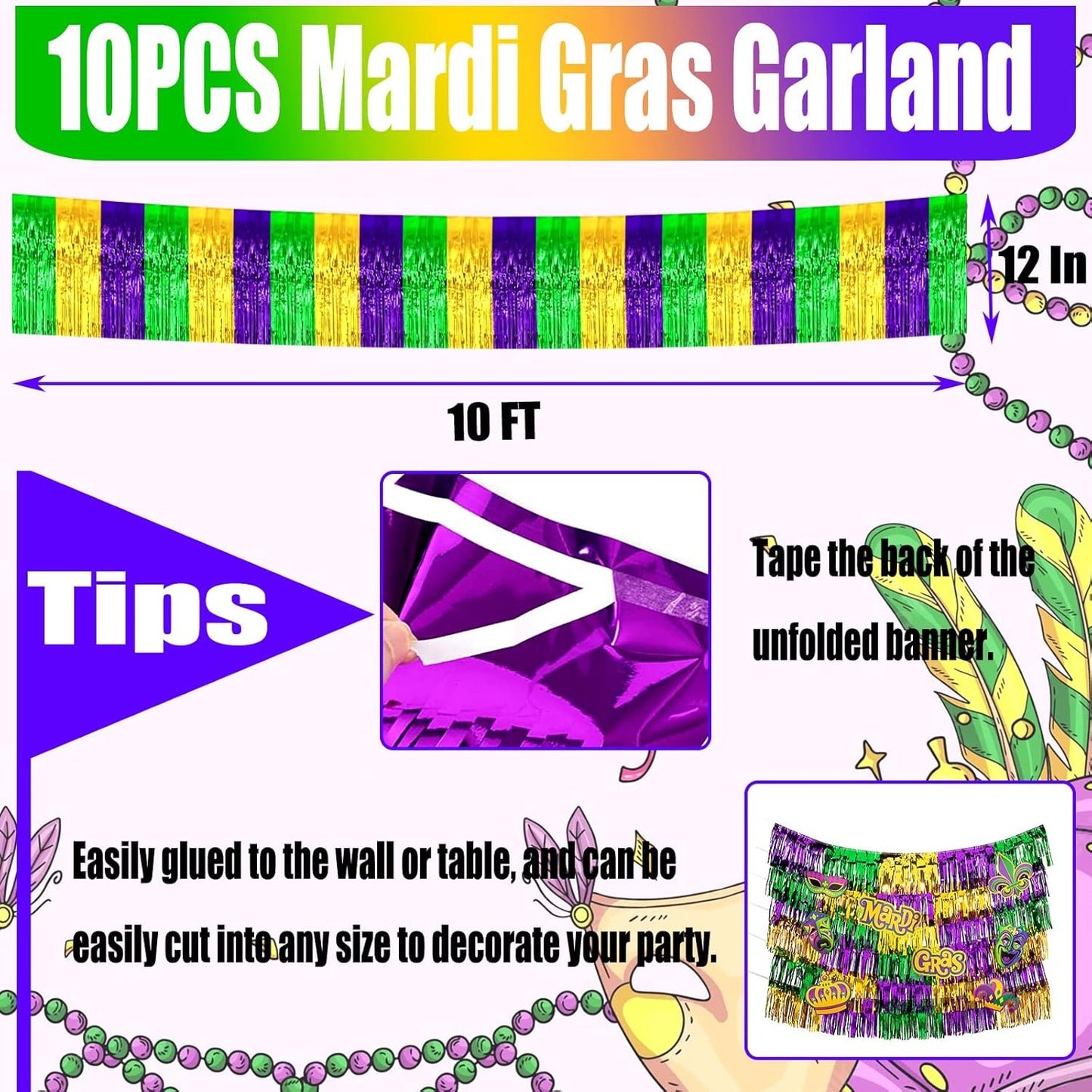 10 Pack 10 Feet Mardi Gras Foil Fringe Garland Metallic Tinsel Streamers Banner Wall Hanging Backdrop for Parade Floats, Bachelorette, Wedding, Birthday, Carnival Party Decorations(Gold Green Purple)