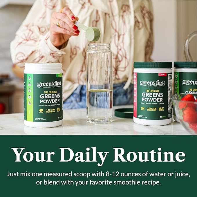 Greens First Original Greens Powder - 49 Superfoods - Organic Fruits & Veggies - Prebiotics, Probiotics & Digestive Enzymes - Antioxidant Smoothie - Dairy Free, Vegan & Non-GMO (Mint, 30 Servings)