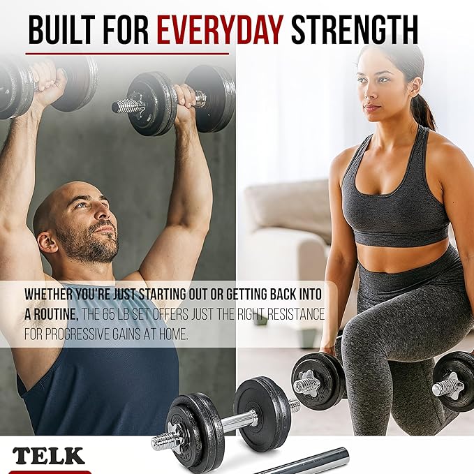 TELK – Adjustable Dumbbell Set – Home Gym Weight Set with Baked Enamel Cast Iron Plates – Space-Saving Free Weights for Strength Training