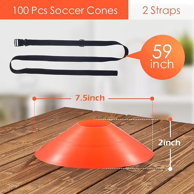 100 Pieces Soccer Cones with Strap Agility Disc 2 Straps