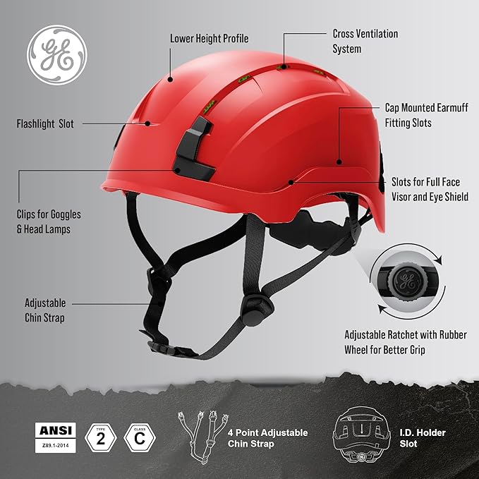GE Safety Helmet: ANSI Type 2 Class G & E, Advanced Impact Technology, Ultra Comfortable Memory Foam, Heat Stress Reduction, Compatible with Accessories, Adjustable Size OSHA Approved