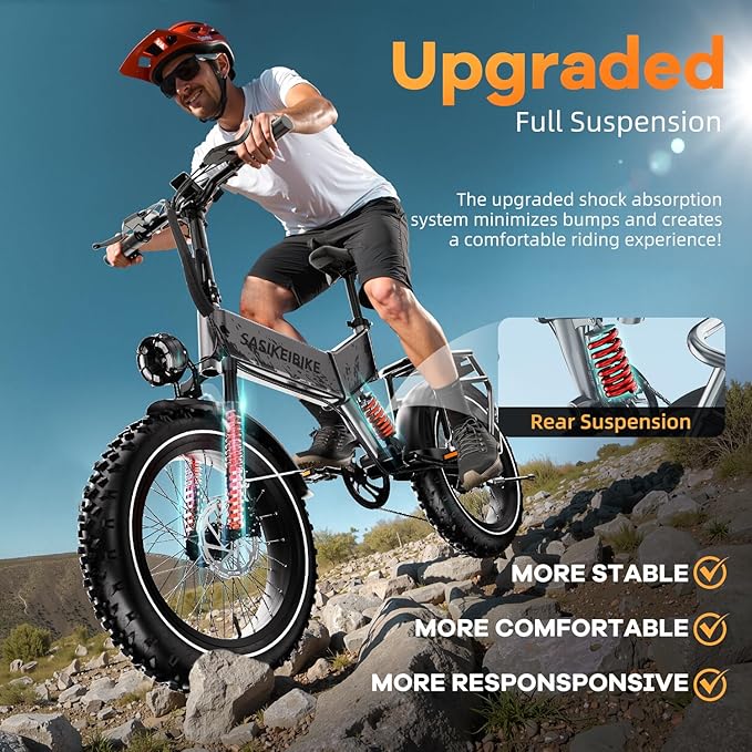 Folding Electric Bike for Adults, 20'' 1500W Peak Fat Tire Ebike, Up to 70 Miles 30+MPH Electric Mountain Bike with 52V 20AH Removable Battery, Dual Suspension, 7-Speed,UL Certified