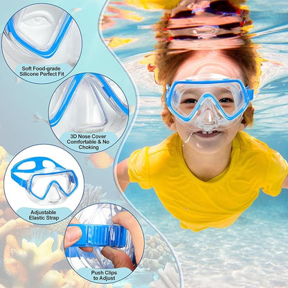 Hoolerry 4 Pcs Kids Nose Goggles Swim Goggles with Nose Cover for 3-8 Tempered Glass Snorkel Dive Mask Anti Fog with Elastic Strap No Leak Swimming Mask for Summer Diving Snorkeling