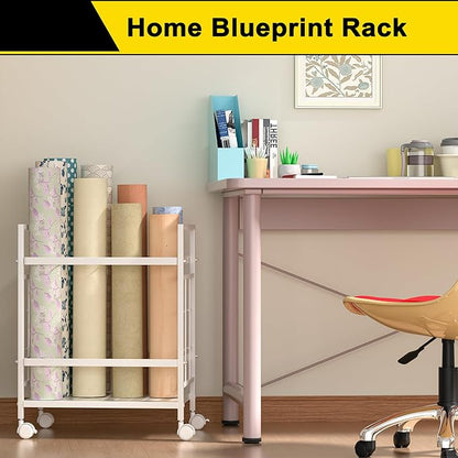 GIOTORENT Blueprint Storage Rack, Holder with Wheels, Map/Poster/Architectural Plan Storage, 12 Slots, 2 Brakes, Silent Wheels for Home, Office, School (White)