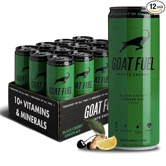 G.O.A.T. Fuel Energy Drink, Co-Founded by Jerry Rice, Natural Caffeine, Electrolytes, BCAAs, Cordyceps & Antioxidants, Light Carbonation Pre Workout, 12 Pack, 12 FL Oz, Black Cherry Ginger Ale