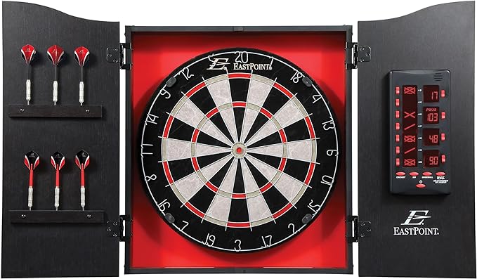 EastPoint Sports Tournament Bristle Dartboard and Easy Hang Cabinet with Electronic Scoreboard and 6 Steel Tip Darts