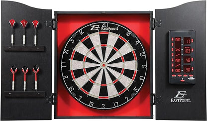 EastPoint Sports Tournament Bristle Dartboard and Easy Hang Cabinet with Electronic Scoreboard and 6 Steel Tip Darts