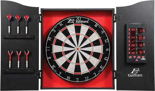 EastPoint Sports Tournament Bristle Dartboard and Easy Hang Cabinet with Electronic Scoreboard and 6 Steel Tip Darts